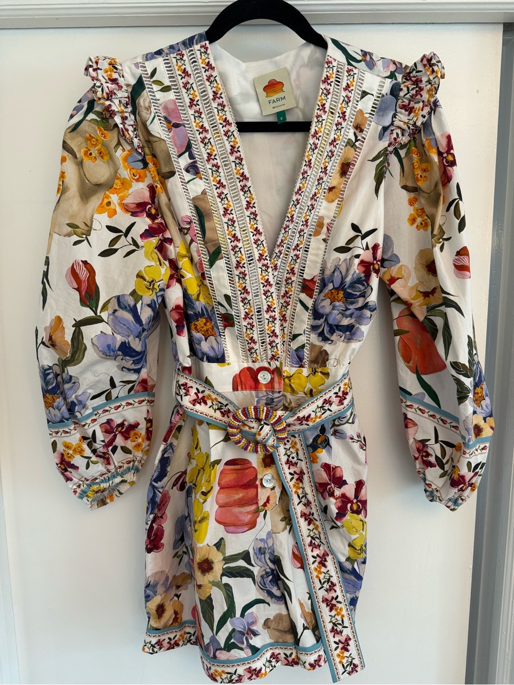 FARM Rio White Floral V-Neck Embroidered Tunic